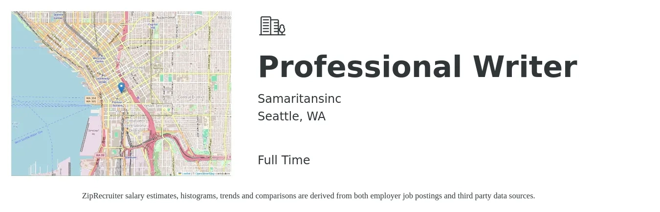 Samaritansinc job posting for a Professional Writer in Seattle, WA with a salary of $28 to $55 Hourly with a map of Seattle location.