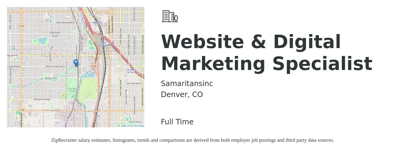 Samaritansinc job posting for a Website & Digital Marketing Specialist in Denver, CO with a salary of $51,500 to $76,700 Yearly with a map of Denver location.