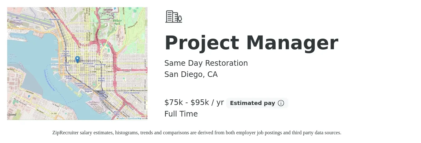 Same Day Restoration job posting for a Project Manager in San Diego, CA with a salary of $75,000 to $95,000 Yearly with a map of San Diego location.