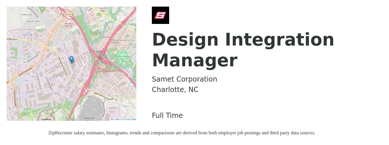 Samet Corporation job posting for a Design Integration Manager in Charlotte, NC with a salary of $77,800 to $128,800 Yearly with a map of Charlotte location.