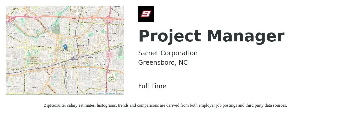 Samet Corporation job posting for a Project Manager in Greensboro, NC with a salary of $76,100 to $119,200 Yearly with a map of Greensboro location.