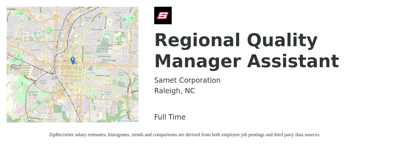 Samet job posting for a Regional Quality Manager Assistant in Raleigh, NC with a salary of $38,800 to $120,100 Yearly with a map of Raleigh location.