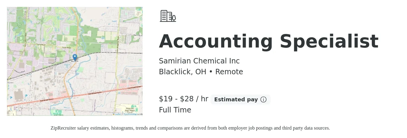 Samirian Chemical Inc job posting for a Accounting Specialist in Blacklick, OH with a salary of $20 to $30 Hourly with a map of Blacklick location.