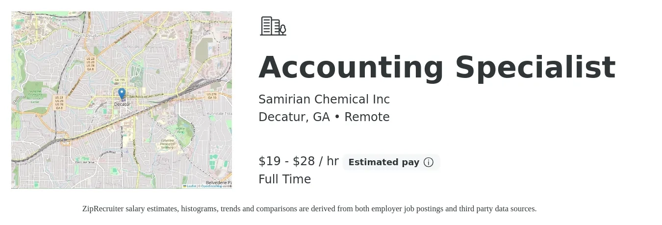 Samirian Chemical Inc job posting for a Accounting Specialist in Decatur, GA with a salary of $20 to $30 Hourly with a map of Decatur location.