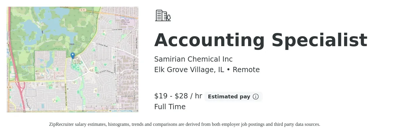 Samirian Chemical Inc job posting for a Accounting Specialist in Elk Grove Village, IL with a salary of $20 to $30 Hourly with a map of Elk Grove Village location.