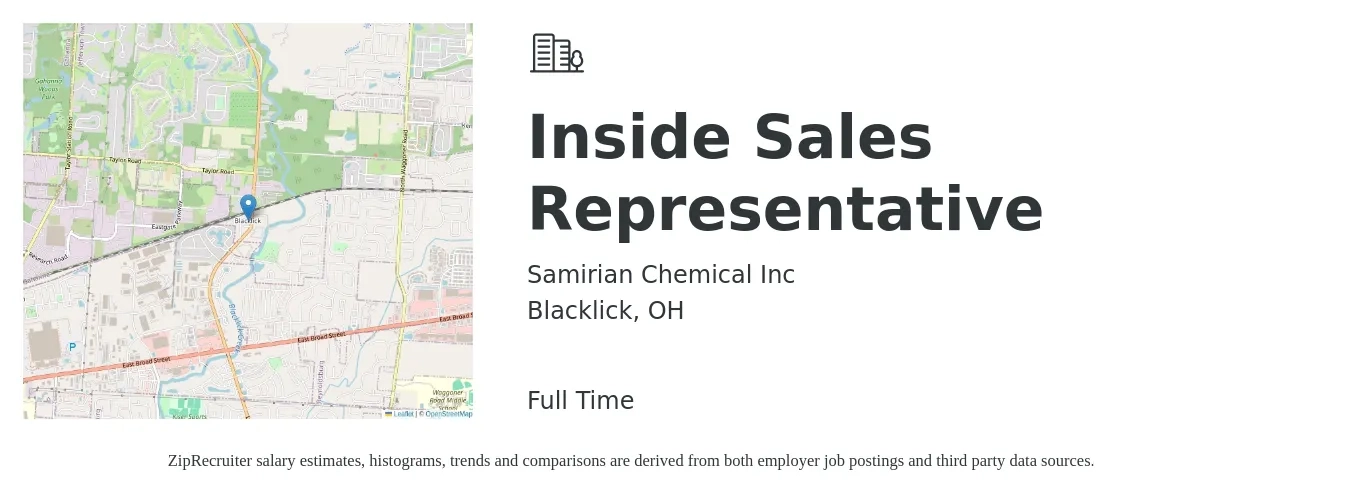 Samirian Chemical Inc job posting for a Inside Sales Representative in Blacklick, OH with a salary of $38,200 to $57,000 Yearly with a map of Blacklick location.