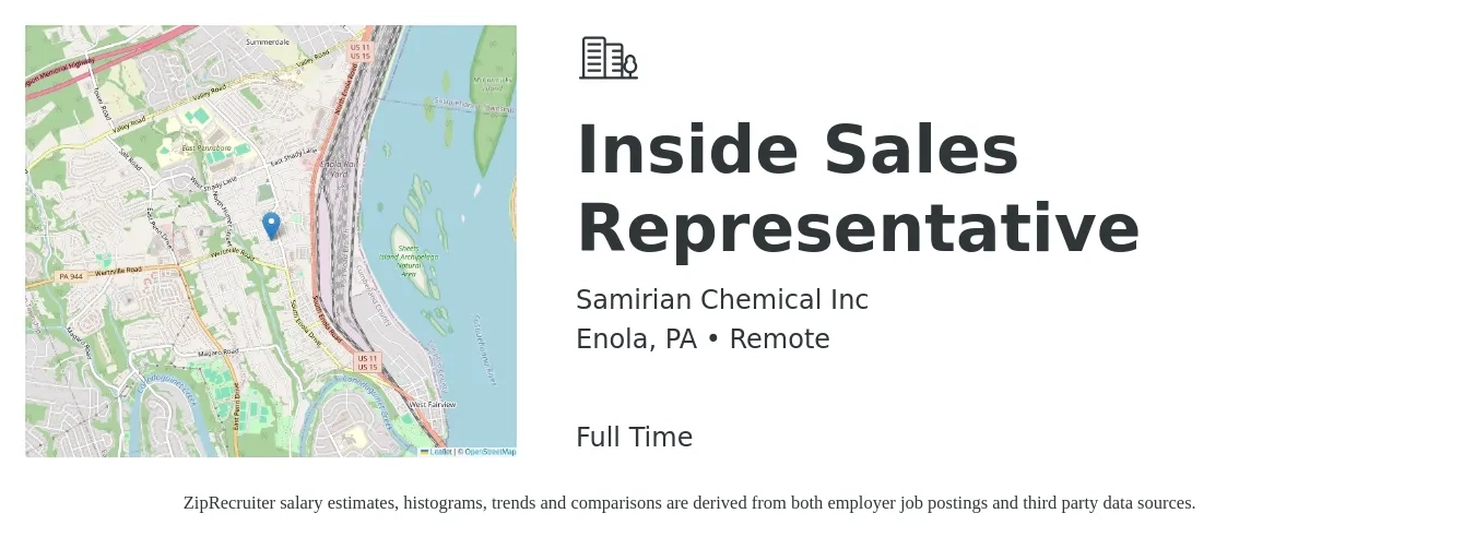 Samirian Chemical Inc job posting for a Inside Sales Representative in Enola, PA with a salary of $36,600 to $54,700 Yearly with a map of Enola location.