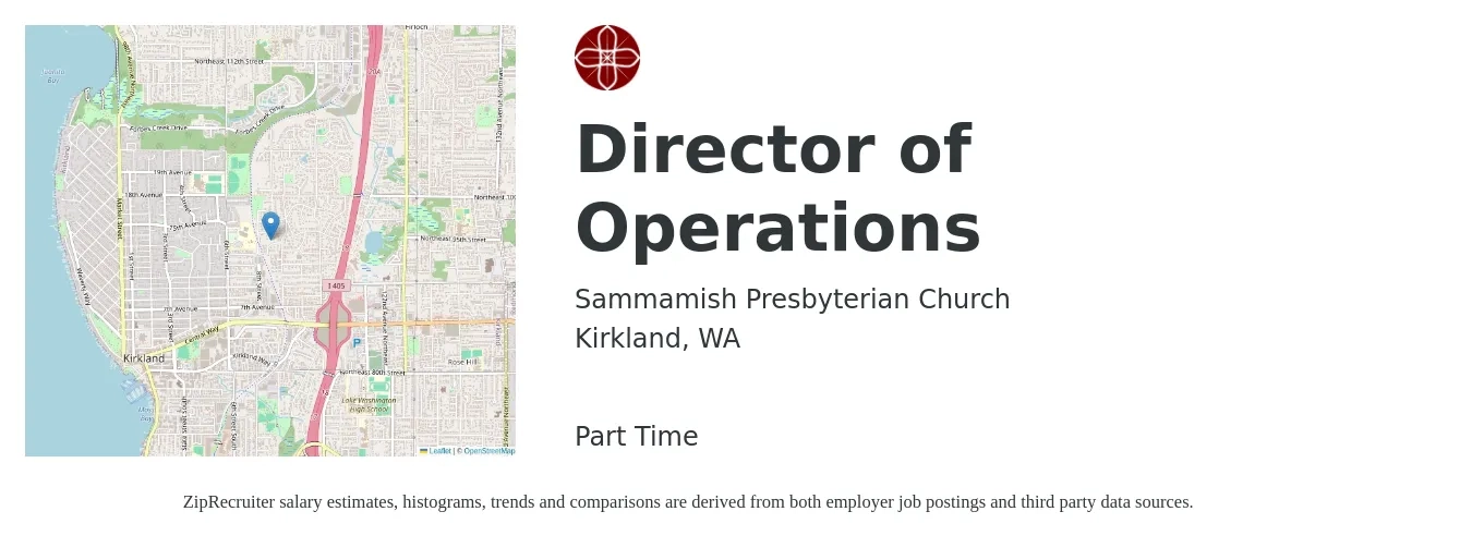 Sammamish Presbyterian Church job posting for a Director of Operations in Kirkland, WA with a salary of $42,500 to $49,000 Yearly with a map of Kirkland location.