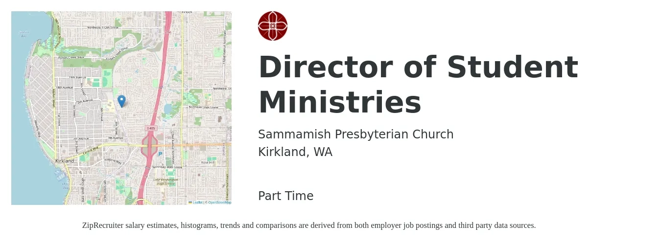 Sammamish Presbyterian Church job posting for a Director of Student Ministries in Kirkland, WA with a salary of $31,000 to $37,500 Yearly with a map of Kirkland location.