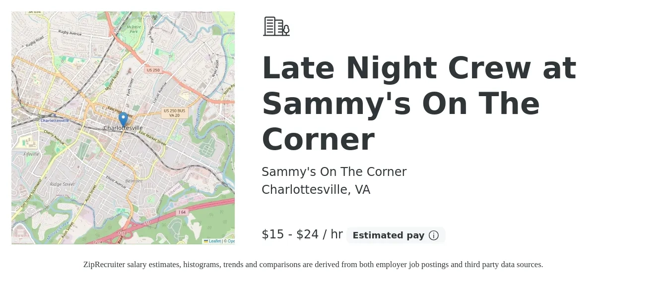 Sammy's On The Corner job posting for a Late Night Crew at Sammy's On The Corner in Charlottesville, VA with a salary of $16 to $25 Hourly with a map of Charlottesville location.
