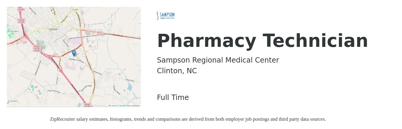 Sampson Regional Medical Center job posting for a Pharmacy Technician in Clinton, NC with a salary of $15 to $18 Hourly with a map of Clinton location.