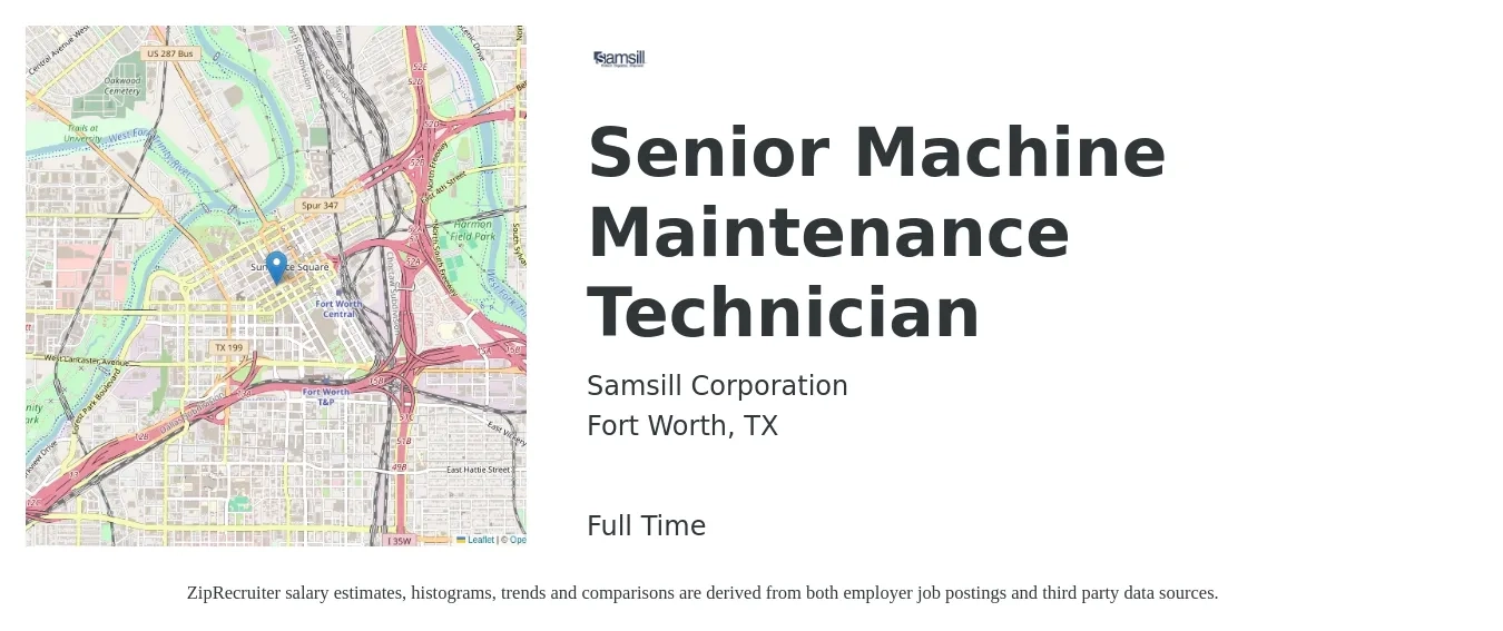 Samsill Corporation job posting for a Senior Machine Maintenance Technician in Fort Worth, TX with a salary of $23 to $32 Hourly with a map of Fort Worth location.