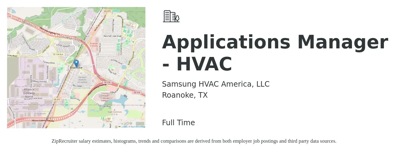 Samsung HVAC America, LLC job posting for a Applications Manager - HVAC in Roanoke, TX with a salary of $42 to $60 Hourly with a map of Roanoke location.