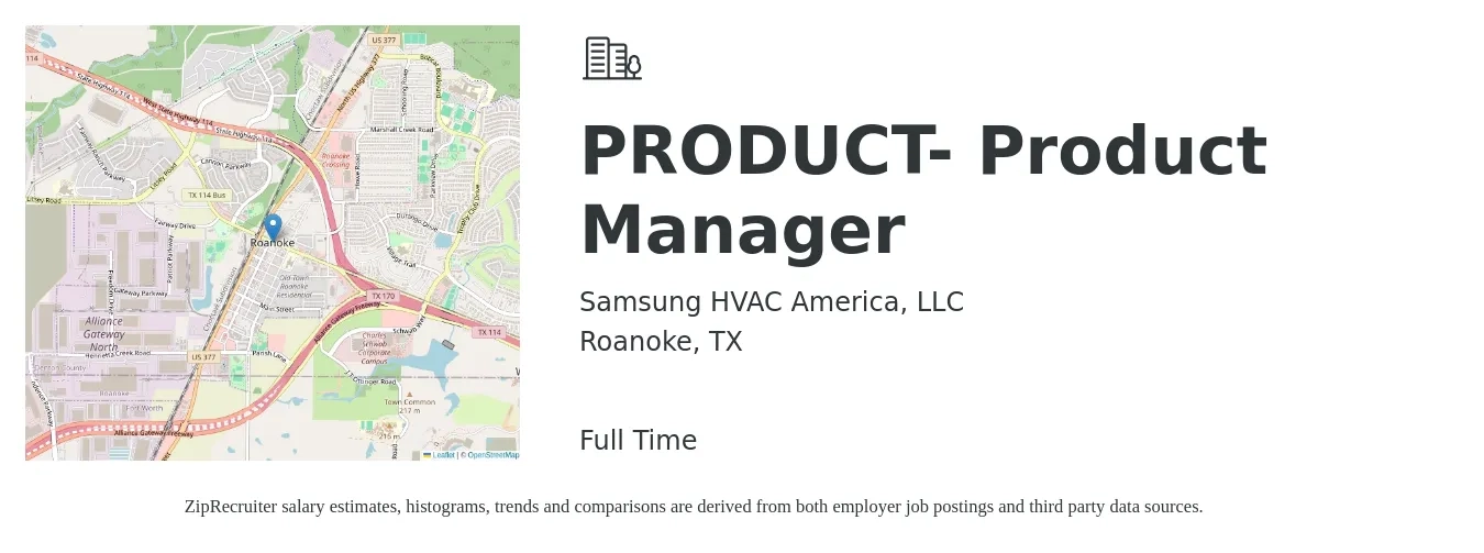 Samsung HVAC America, LLC job posting for a PRODUCT- Product Manager in Roanoke, TX with a salary of $135,400 to $189,200 Yearly with a map of Roanoke location.