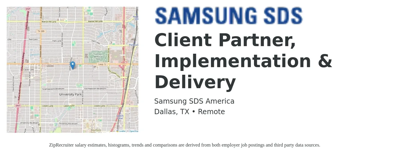 Samsung SDS America job posting for a Client Partner, Implementation & Delivery in Dallas, TX with a salary of $17 to $28 Hourly with a map of Dallas location.