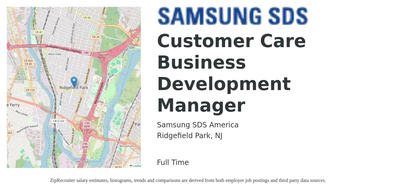 Samsung SDS America job posting for a Customer Care Business Development Manager in Ridgefield Park, NJ with a salary of $71,900 to $155,100 Yearly with a map of Ridgefield Park location.