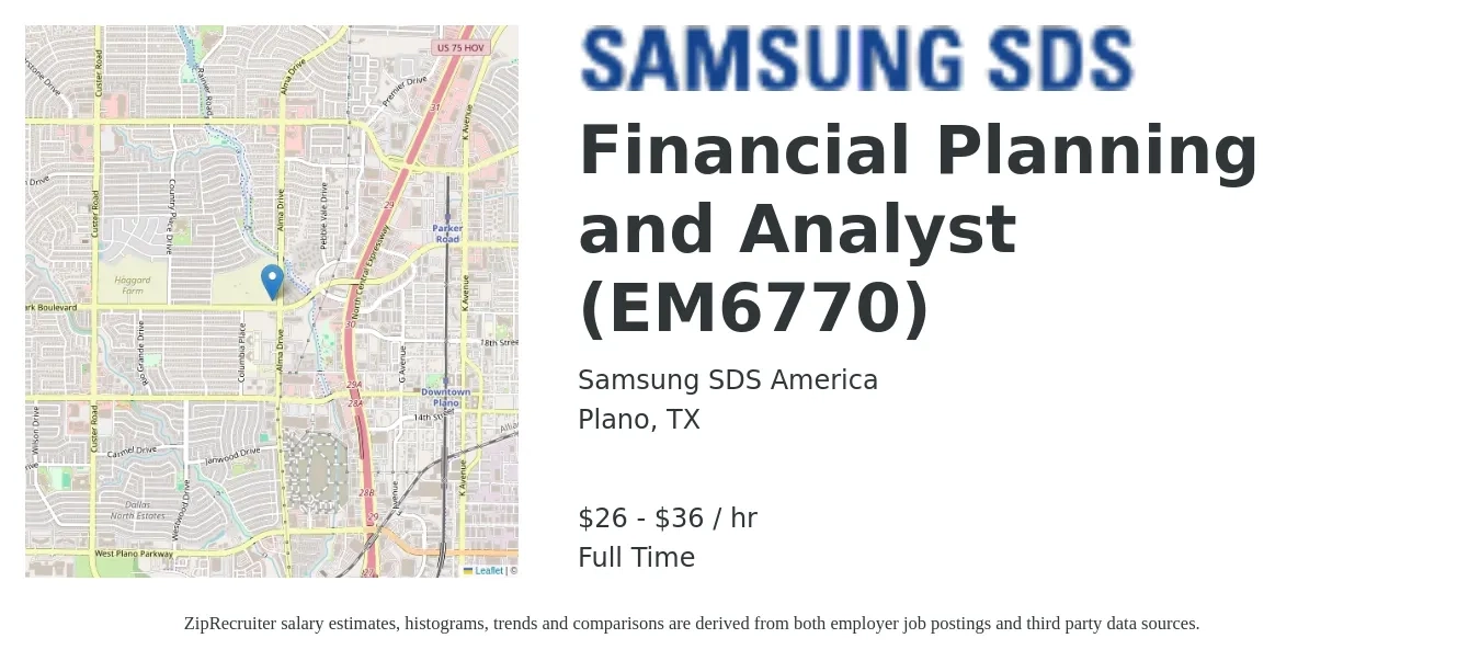 Samsung SDS America job posting for a Financial Planning and Analyst (EM6770) in Plano, TX with a salary of $28 to $38 Hourly with a map of Plano location.