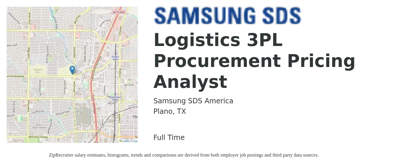 Samsung SDS America job posting for a Logistics 3PL Procurement Pricing Analyst in Plano, TX with a salary of $21 to $34 Hourly with a map of Plano location.