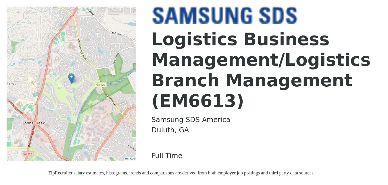 Samsung SDS America job posting for a Logistics Business Management/Logistics Branch Management (EM6613) in Duluth, GA with a salary of $52,000 to $83,300 Yearly with a map of Duluth location.