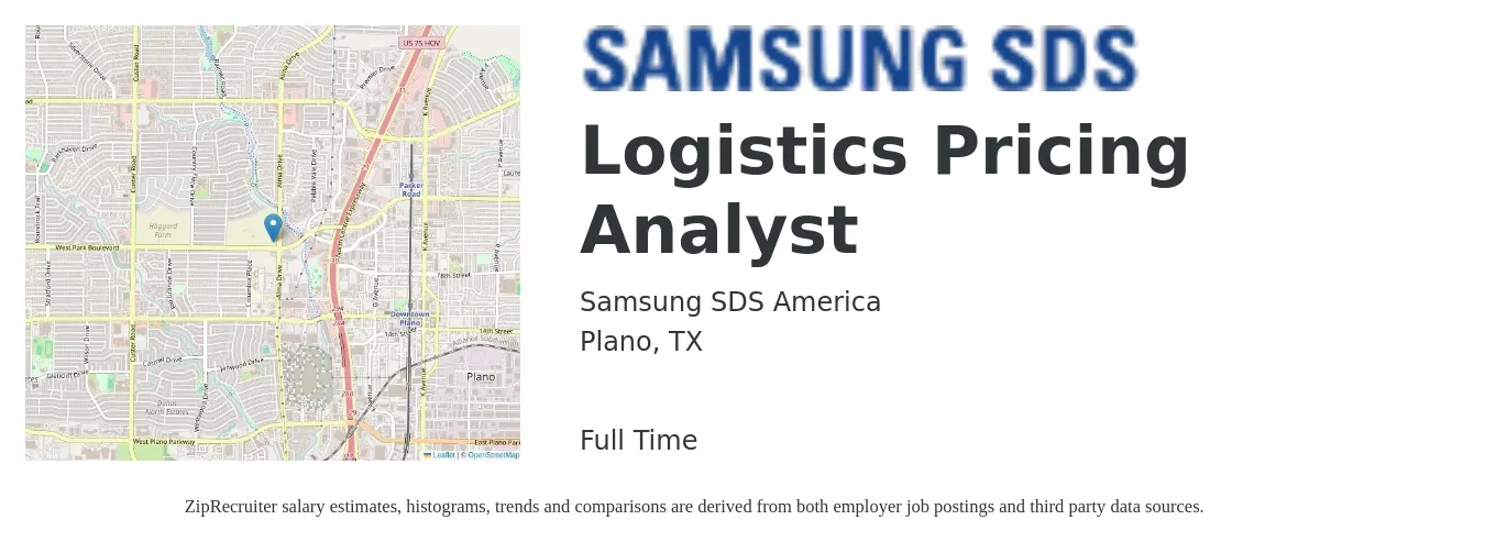 Samsung SDS America job posting for a Logistics Pricing Analyst in Plano, TX with a salary of $21 to $34 Hourly with a map of Plano location.