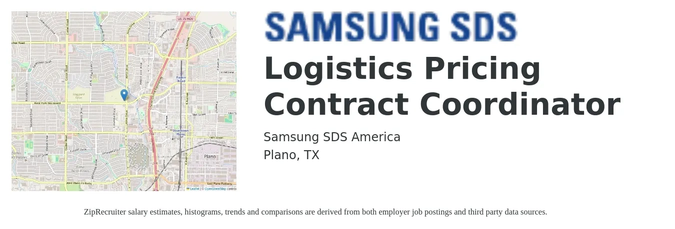 Samsung SDS America job posting for a Logistics Pricing Contract Coordinator in Plano, TX with a salary of $19 to $25 Hourly with a map of Plano location.