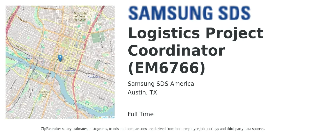 Samsung SDS America job posting for a Logistics Project Coordinator (EM6766) in Austin, TX with a salary of $19 to $26 Hourly with a map of Austin location.