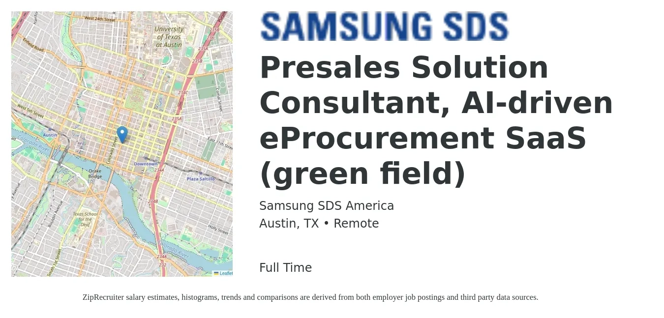 Samsung SDS America job posting for a Presales Solution Consultant, AI-driven eProcurement SaaS (green field) in Austin, TX with a salary of $41,600 to $99,100 Yearly with a map of Austin location.