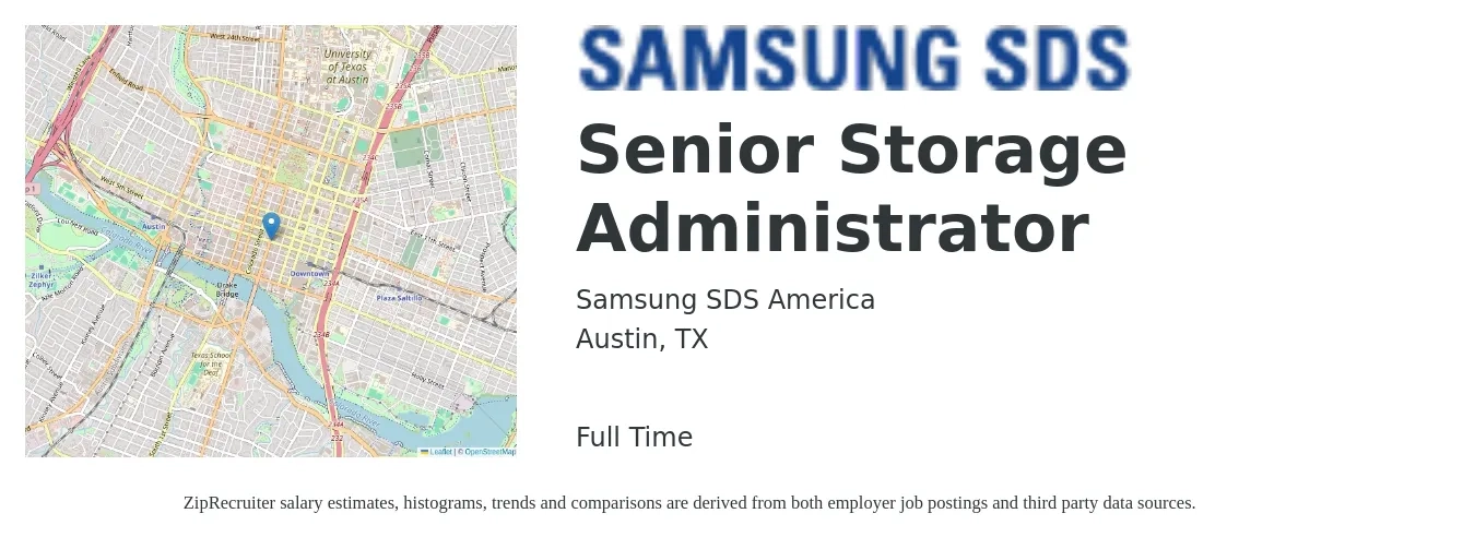 Samsung SDS America job posting for a Senior Storage Administrator in Austin, TX with a salary of $75,800 to $109,500 Yearly with a map of Austin location.