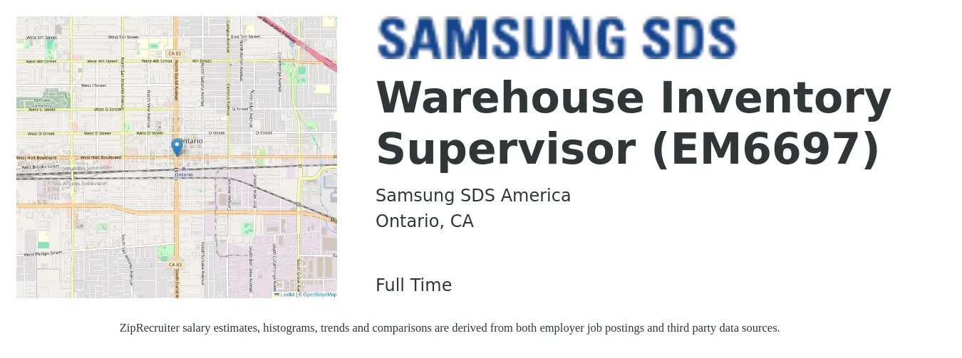 Samsung SDS America job posting for a Warehouse Inventory Supervisor (EM6697) in Ontario, CA with a salary of $47,300 to $67,200 Yearly with a map of Ontario location.