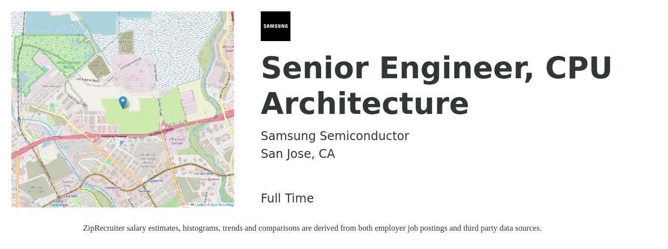 Samsung Semiconductor job posting for a Senior Engineer, CPU Architecture in San Jose, CA with a salary of $131,300 to $189,300 Yearly with a map of San Jose location.