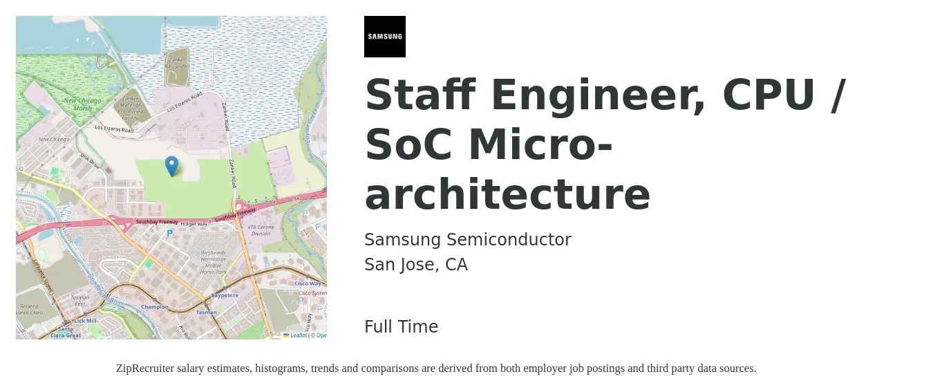 Samsung Semiconductor job posting for a Staff Engineer, CPU / SoC Micro-architecture in San Jose, CA with a salary of $80,900 to $146,500 Yearly with a map of San Jose location.