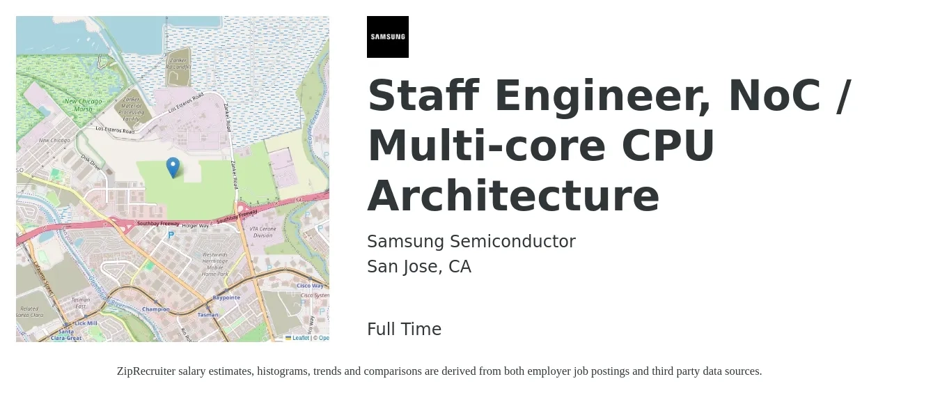 Samsung Semiconductor job posting for a Staff Engineer, NoC / Multi-core CPU Architecture in San Jose, CA with a salary of $80,900 to $146,500 Yearly with a map of San Jose location.