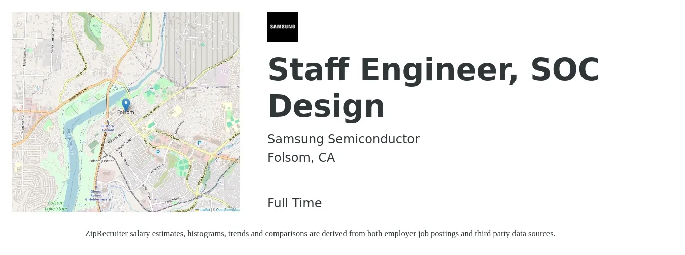 Samsung Semiconductor job posting for a Staff Engineer, SOC Design in Folsom, CA with a salary of $151,800 to $182,800 Yearly with a map of Folsom location.