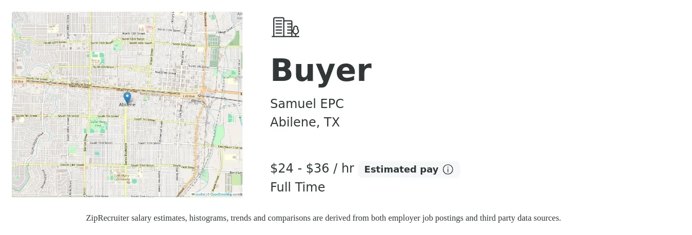 Samuel EPC job posting for a Buyer in Abilene, TX with a salary of $52,000 to $79,200 Yearly with a map of Abilene location.