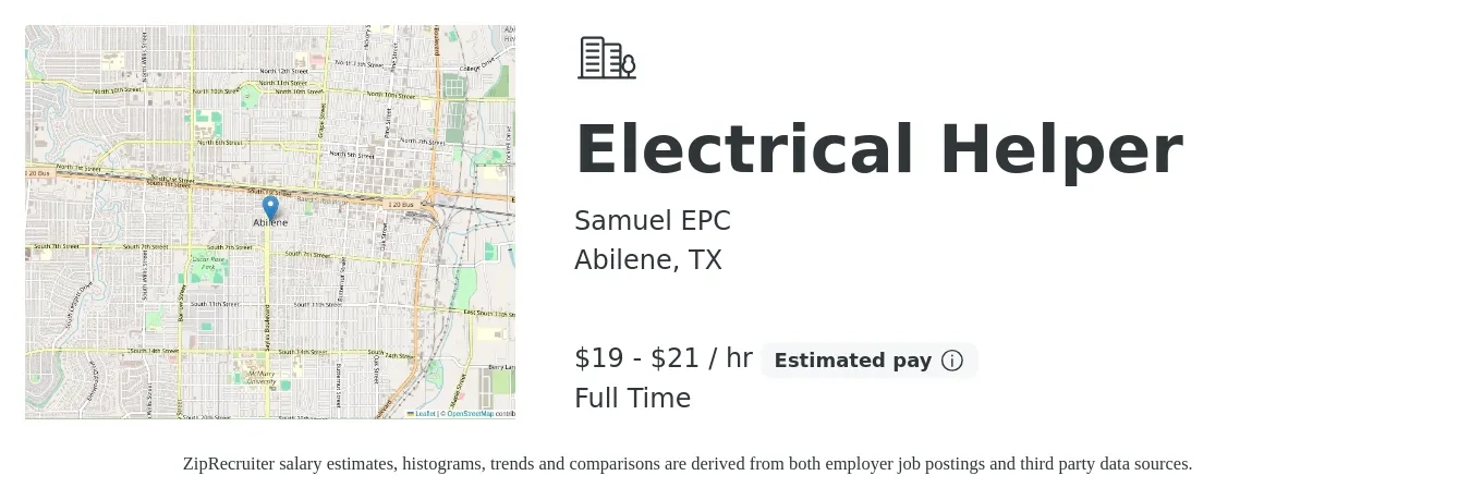 Samuel EPC job posting for a Electrical Helper in Abilene, TX with a salary of $20 to $22 Hourly with a map of Abilene location.
