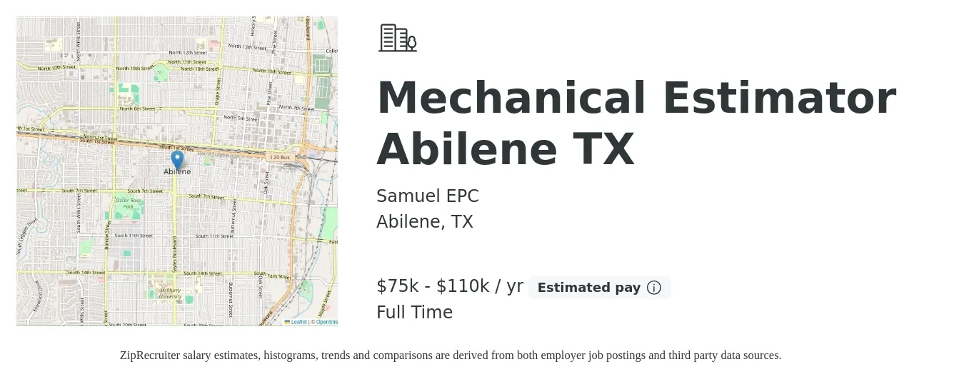 Samuel EPC job posting for a Mechanical Estimator Abilene TX in Abilene, TX with a salary of $75,000 to $110,000 Yearly with a map of Abilene location.