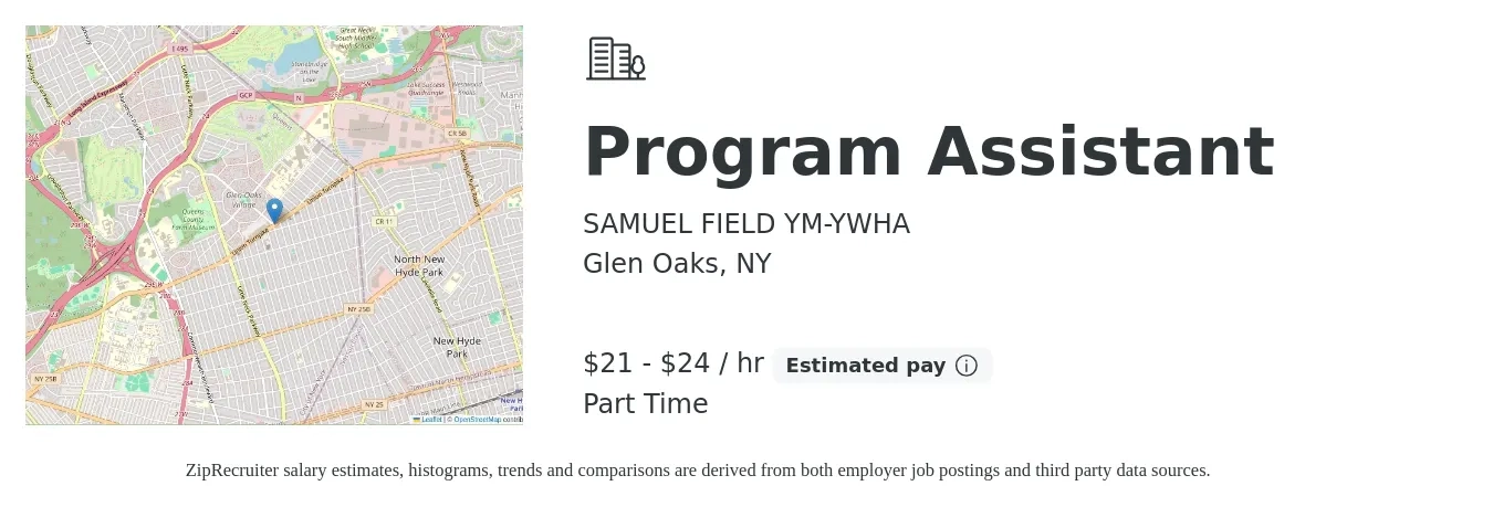 SAMUEL FIELD YM-YWHA job posting for a Program Assistant in Glen Oaks, NY with a salary of $22 to $25 Hourly with a map of Glen Oaks location.