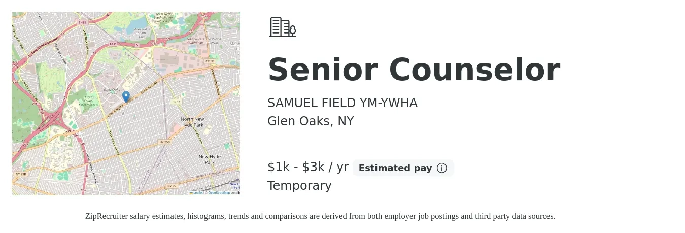 SAMUEL FIELD YM-YWHA job posting for a Senior Counselor in Glen Oaks, NY with a salary of $1,900 to $3,000 Yearly with a map of Glen Oaks location.