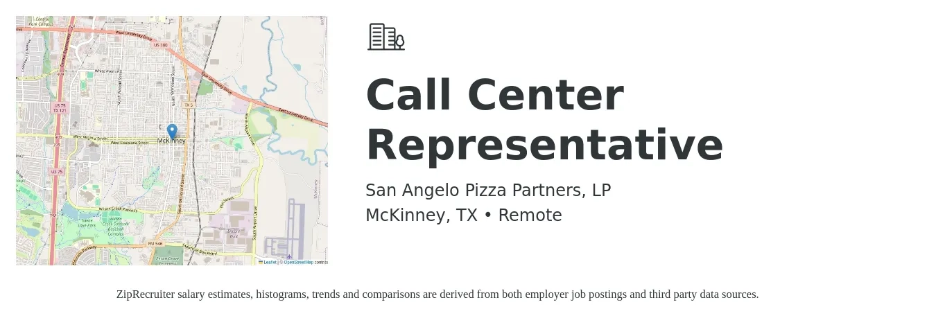 San Angelo Pizza Partners, LP job posting for a Call Center Representative in McKinney, TX with a salary of $14 to $18 Hourly with a map of McKinney location.