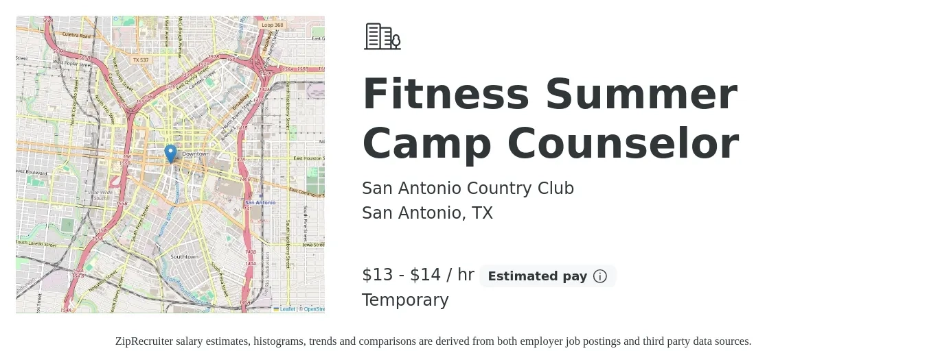 San Antonio Country Club job posting for a Fitness Summer Camp Counselor in San Antonio, TX with a salary of $14 to $15 Hourly with a map of San Antonio location.
