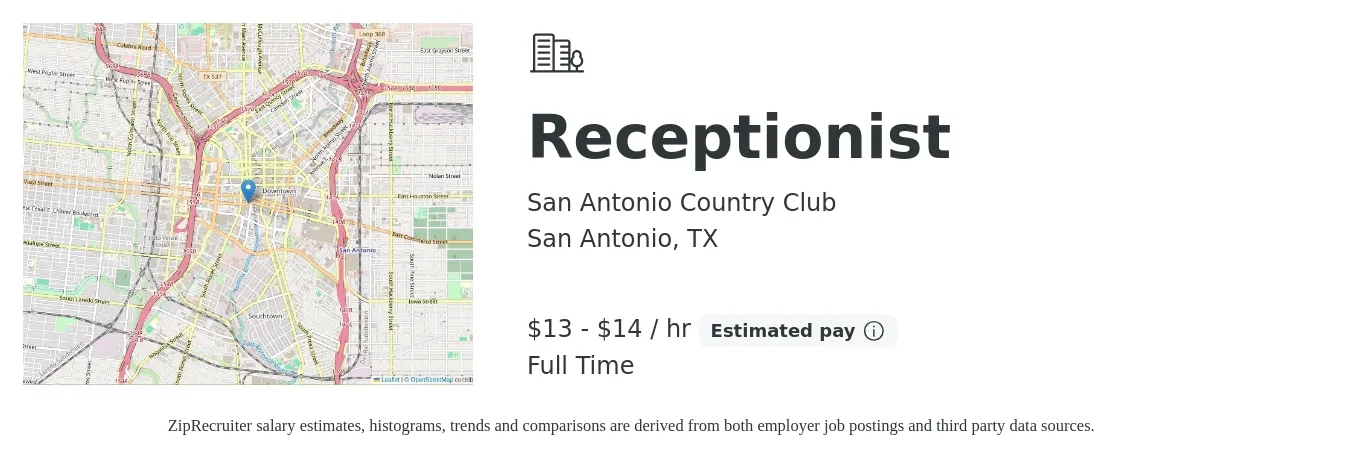 San Antonio Country Club job posting for a Receptionist in San Antonio, TX with a salary of $14 to $15 Hourly with a map of San Antonio location.