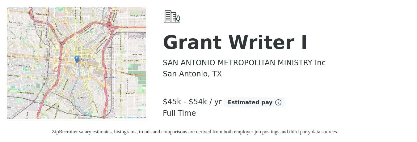 SAN ANTONIO METROPOLITAN MINISTRY Inc job posting for a Grant Writer I in San Antonio, TX with a salary of $45,000 to $54,000 Yearly with a map of San Antonio location.