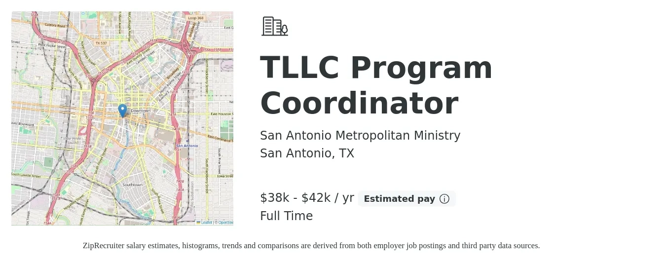 San Antonio Metropolitan Ministry job posting for a TLLC Program Coordinator in San Antonio, TX with a salary of $38,000 to $42,000 Yearly with a map of San Antonio location.