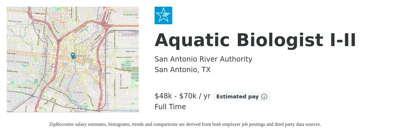 San Antonio River Authority job posting for a Aquatic Biologist I-II in San Antonio, TX with a salary of $48,977 to $70,515 Yearly with a map of San Antonio location.