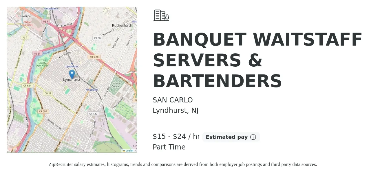 SAN CARLO job posting for a BANQUET WAITSTAFF SERVERS & BARTENDERS in Lyndhurst, NJ with a salary of $16 to $25 Hourly with a map of Lyndhurst location.