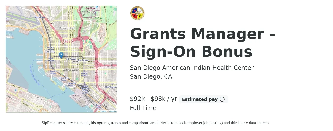 San Diego American Indian Health Center job posting for a Grants Manager - Sign-On Bonus in San Diego, CA with a salary of $65,800 to $91,200 Yearly with a map of San Diego location.