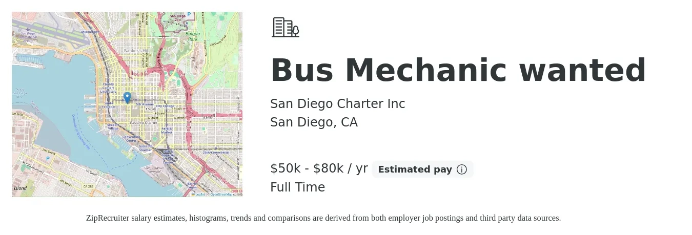 San Diego Charter Inc job posting for a Bus Mechanic wanted in San Diego, CA with a salary of $50,000 to $80,000 Yearly with a map of San Diego location.
