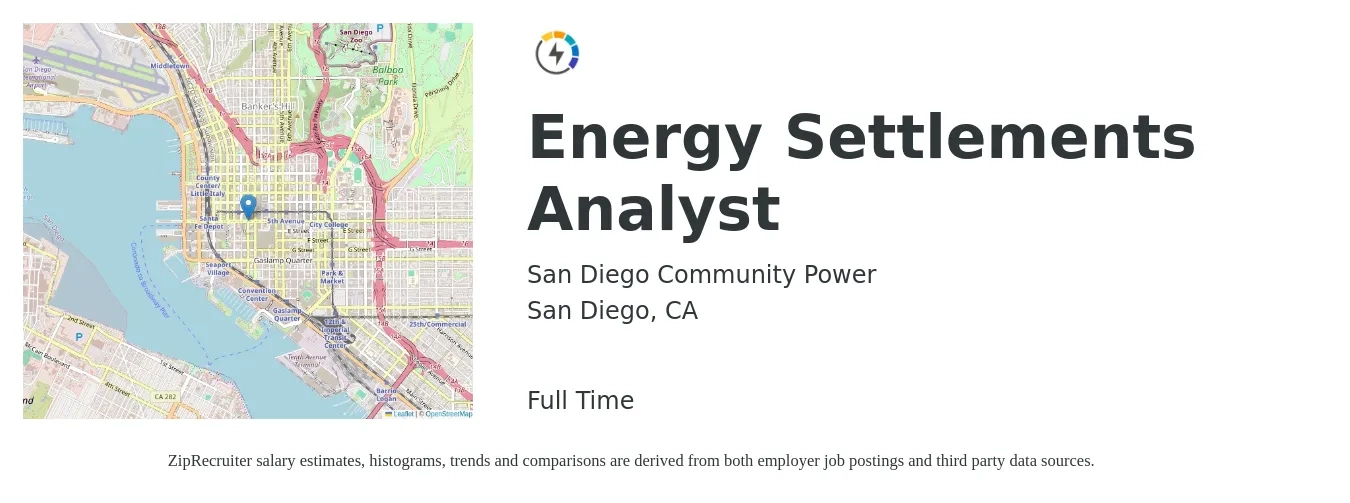 San Diego Community Power job posting for a Energy Settlements Analyst in San Diego, CA with a salary of $74,300 to $115,200 Yearly with a map of San Diego location.