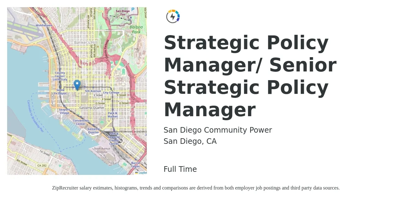 San Diego Community Power job posting for a Strategic Policy Manager/ Senior Strategic Policy Manager in San Diego, CA with a salary of $114,700 to $123,700 Yearly with a map of San Diego location.
