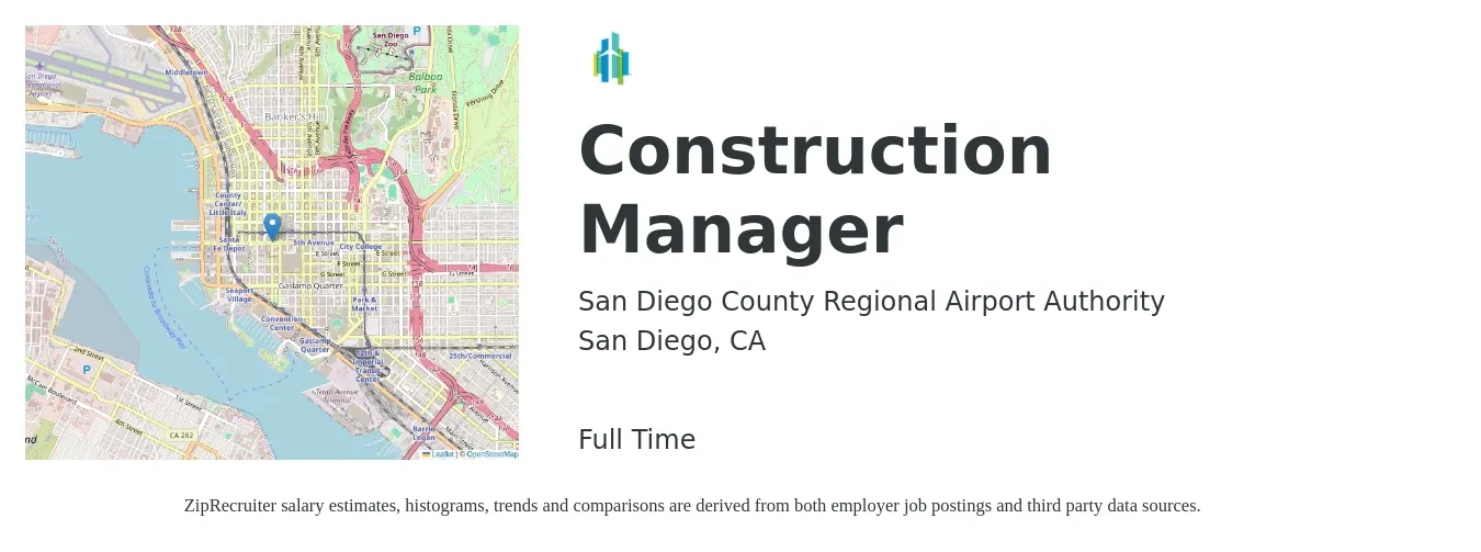 San Diego County Regional Airport Authority job posting for a Construction Manager in San Diego, CA with a salary of $75,400 to $122,600 Yearly with a map of San Diego location.